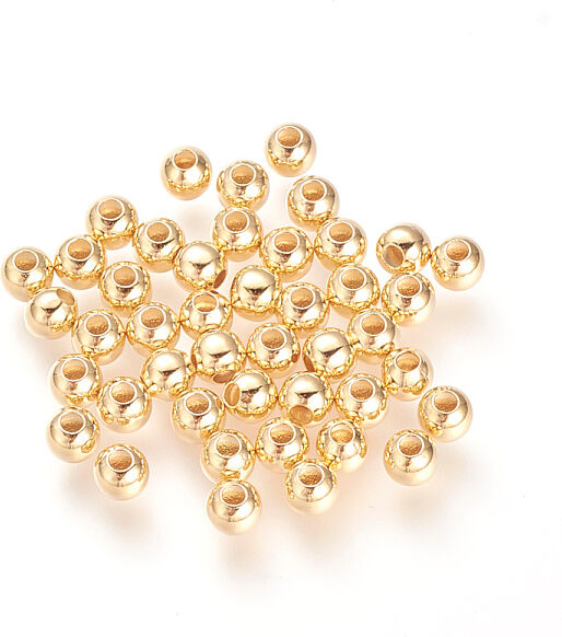 Brass Beads, Nickel Free, Round, Real 18K Gold Plated, 4mm, Hole: 1.2mm - Beadpark.com