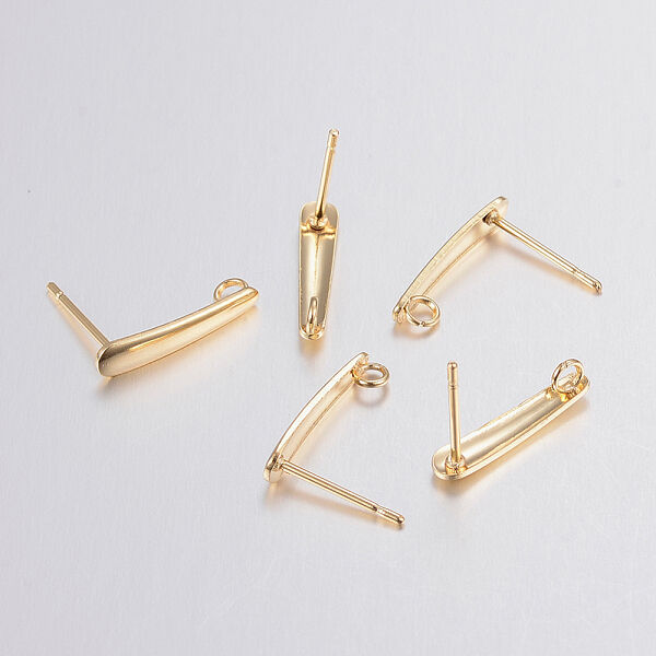304 Stainless Steel Stud Earring Findings, with Loop, Golden, 15x3x1mm, Hole: 2mm, Pin: 0.8mm - Beadpark.com