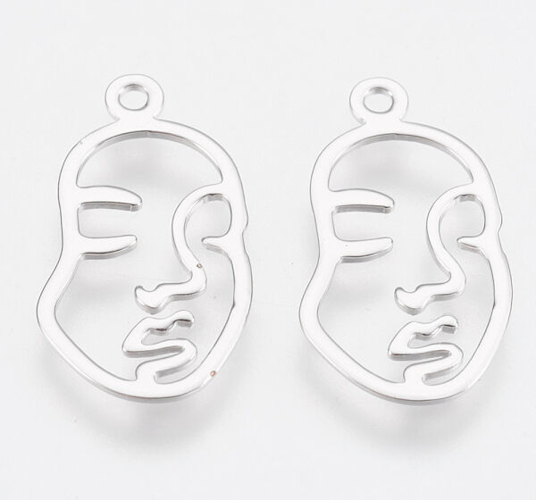 Brass Pendants, Face, Nickel Free, Real Platinum Plated, 20x11x1mm, Hole: 1.4mm - Beadpark.com