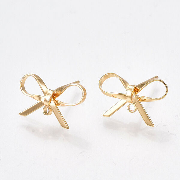 Brass Stud Earring Findings, with Loop, 925 Sterling Silver Pins, Bowknot, Nickel Free, Real 18K Gold Plated, 10x15mm, Hole: 1mm, Pin: 0.7mm - Beadpark.com