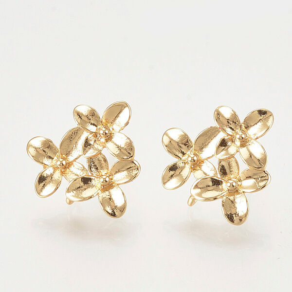 Brass Stud Earring Findings, with Loop, Flower, Nickel Free, Real 18K Gold Plated, 14.5x15mm, Hole: 1mm, Pin: 0.8mm - Beadpark.com