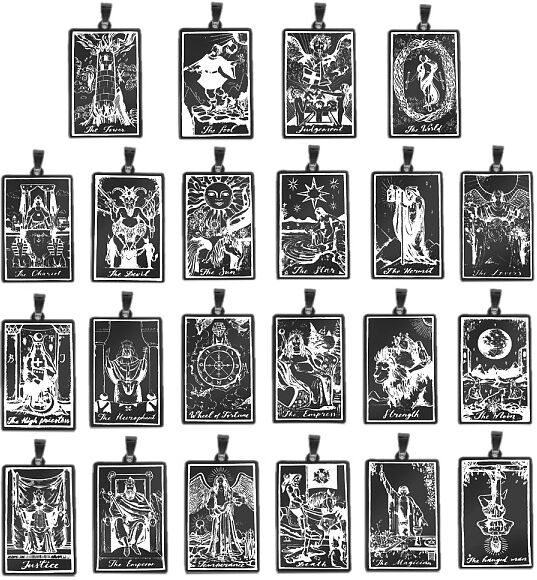 201 Stainless Steel Pendants, Laser Engraved Pattern, Rectangle with Tarot Card Patterns, Gunmetal, 40x24x1mm, Hole: 8x4mm, 22pcs/set - Beadpark.com