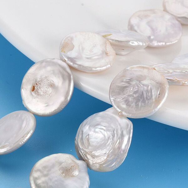 Natural Keshi Pearl Beads Strands, Cultured Freshwater Pearl, Flat Round, Seashell Color, 16~18x3~8mm, Hole: 0.6mm, about 22~23pcs/strand, 14.57~15.35 inch(37~39cm) - Beadpark.com