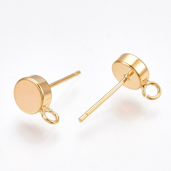 Brass Stud Earring Findings, with Loop, 925 Sterling Silver Pins, Flat Round, Nickel Free, Real 18K Gold Plated, 9x6mm, Hole: 1.8mm, Pin: 0.8mm - Beadpark.com