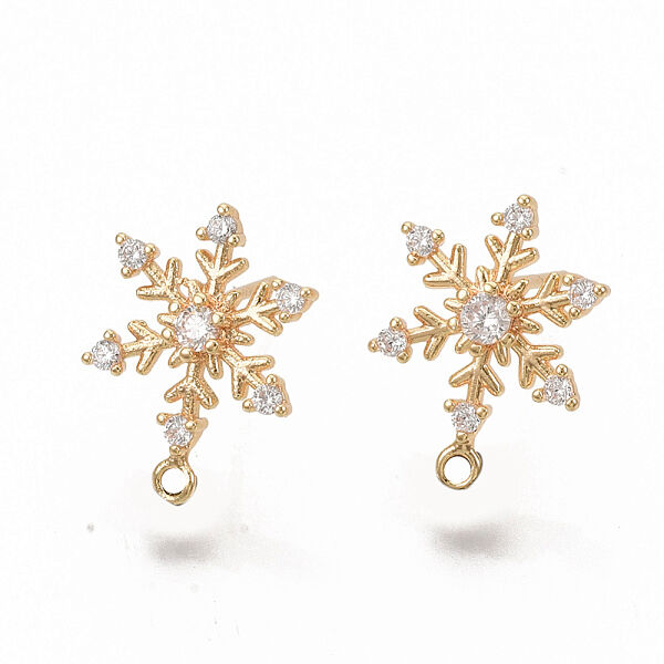 Christmas Theme, Brass Cubic Zirconia Stud Earring Findings, with 925 Sterling Silver Pins and Loop, Snowflake, Nickel Free, Real 18K Gold Plated, 15x11mm, Hole: 1mm, Pin: 0.9mm - Beadpark.com