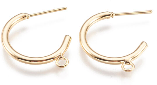 Brass Stud Earring Findings, Half Hoop Earrings, with Loop, Nickel Free, Real 18K Gold Plated, 23x24x2mm, Hole: 2mm, pin: 0.7mm - Beadpark.com