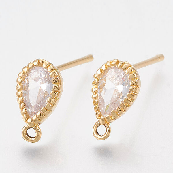 Brass Cubic Zirconia Stud Earring Findings, with Loop, Teardrop, Clear, Real 18K Gold Plated, 9.5x5.5mm, Hole: 1mm, Pin: 0.8mm - Beadpark.com