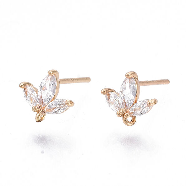 Brass Micro Cubic Zirconia Stud Earring Findings, with Loop and 925 Sterling Silver Pins, Real 18K Gold Plated, Nickel Free, Flower, Clear, 8x8mm, Hole: 1mm, Pin: 0.8mm - Beadpark.com