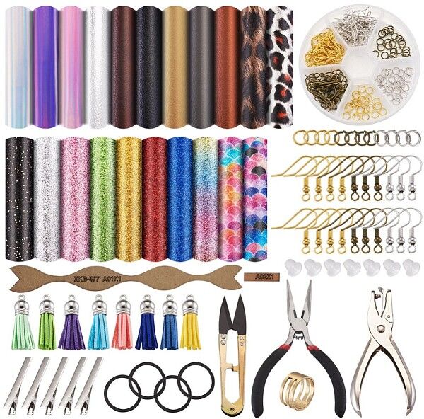 DIY Jewelry Kit, with Iron Alligator Hair Clip Findings & Earring Hooks & Jump Rings, Tassel Pendant, PU Leather Fabric, Leather Acrylic Template, Brass Rings, Alloy Handheld Puncher, Steel Scissors, Mixed Color - Beadpark.com