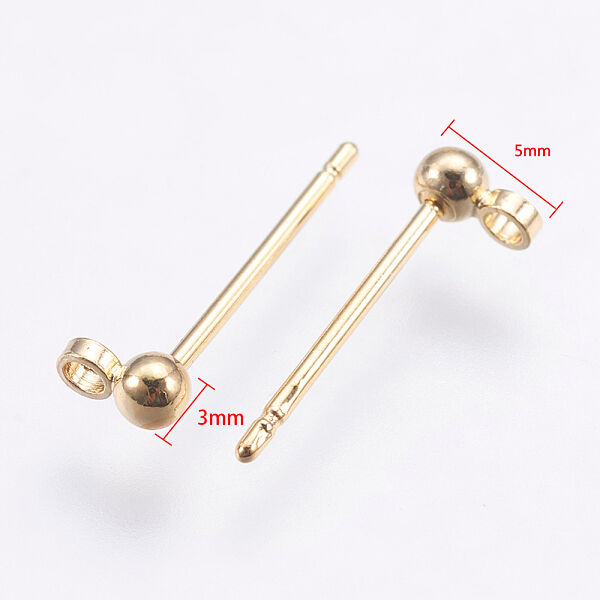Brass Stud Earrings Findings, with Loop, Long-Lasting Plated, Nickel Free, Round, Real 18K Gold Plated, 13mm, Hole: 1.2mm, Pin: 0.7mm, Ball: 3mm in diameter - Beadpark.com