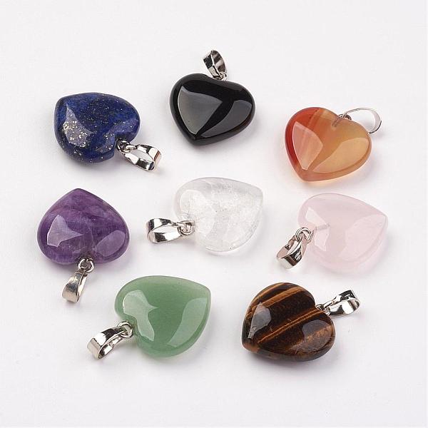 Mixed Stone Pendants, Heart, with Brass Findings, Platinum, 22~23x20~20.5x6~7.5mm, Hole: 5x8mm - Beadpark.com