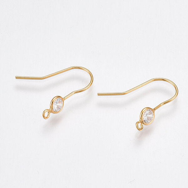 Brass Earring Hooks, with Cubic Zirconia and Vertical Loop, Nickel Free, Real 18K Gold Plated, 18x4.5mm, Hole: 1mm, Pin: 0.8mm - Beadpark.com