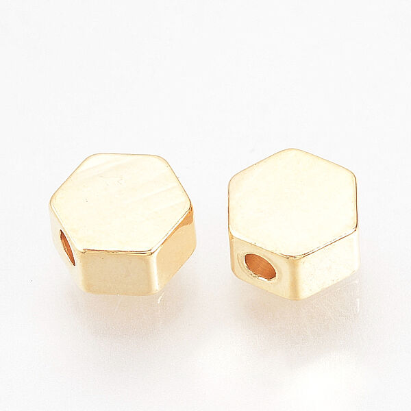 Brass Spacer Beads, Nickel Free, Hexagon, Real 18K Gold Plated, 6x7x3mm, Hole: 1.5mm - Beadpark.com