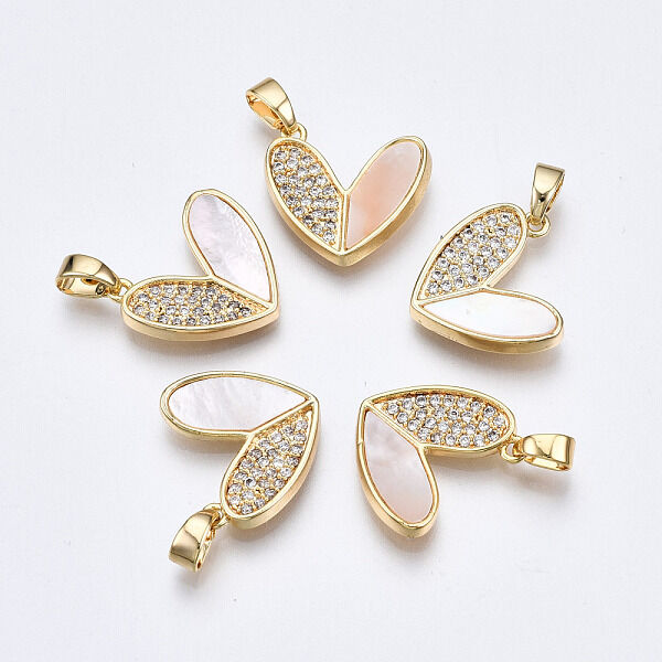 Brass Micro Pave Clear Cubic Zirconia Pendants, with White Sea Shell, Nickel Free, Heart, Real 18K Gold Plated, 13.5x15.5x2.5mm, Hole: 2.5x4mm - Beadpark.com