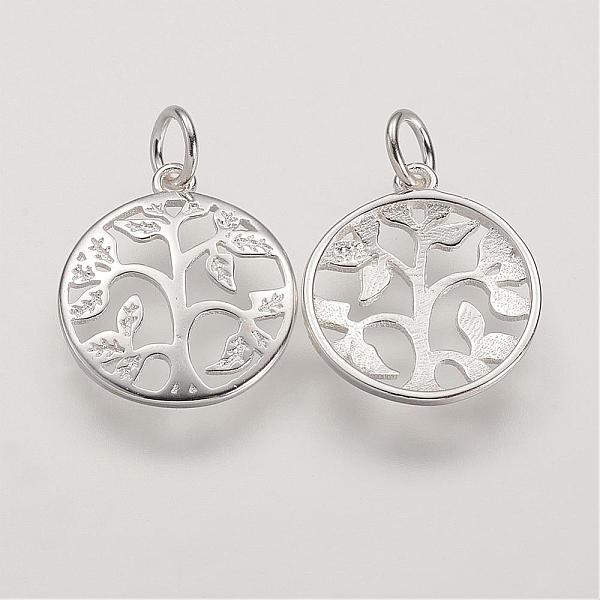 925 Sterling Silver Pendants, Flat Round with Tree of Life Tree, Silver, 16x14x2mm, Hole: 3mm - Beadpark.com