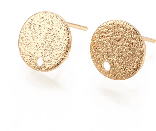 Hammered Brass Stud Earring Findings, Flat Round, Nickel Free, Real 18K Gold Plated, 10mm, Hole: 1mm, Pin: 0.6mm - Beadpark.com