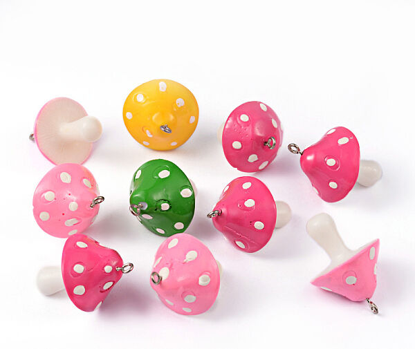 Resin Pendants, Mushroom, Mixed Color, 34~36x22~26x22~26mm, Hole: 2mm - Beadpark.com