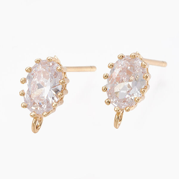 Brass Stud Earring Findings, with Loop, Real 18K Gold Plated, with Cubic Zirconia, Oval, Clear, 10x6mm, Hole: 1.2mm, Pin: 0.7mm - Beadpark.com