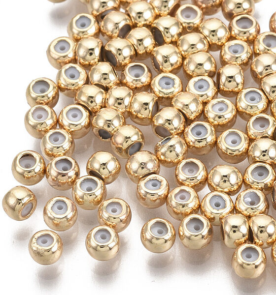 Brass Beads, with Rubber Inside, Slider Beads, Stopper Beads, Nickel Free, Round, Real 18K Gold Plated, 3x2.5mm, Hole: 1.5mm, Rubber Hole: 0.5mm - Beadpark.com