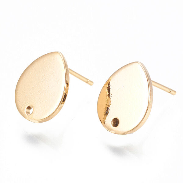 Brass Stud Earring Findings, with Loop and Flat Plate, Teardrop, Nickel Free, Real 18K Gold Plated, 12x10mm, Hole: 1.4mm, Pin: 1mm - Beadpark.com