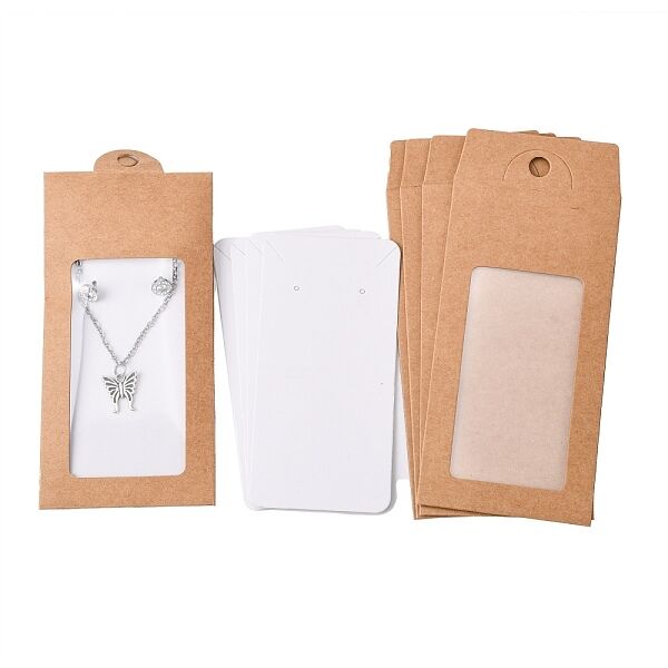 Paper Boxes, with Necklace & Earring Jewelry Display Cards and Clear PVC Window, Packaging Boxes, Rectangle, BurlyWood, 15.4x6.7x0.1cm, Hole: 8mm, Window: 85x44mm - Beadpark.com