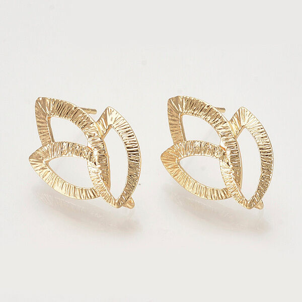 Brass Stud Earring Findings, with Loop, Leaf, Nickel Free, Real 18K Gold Plated, 22x14.5mm, Hole: 2mm, Pin: 0.8mm - Beadpark.com