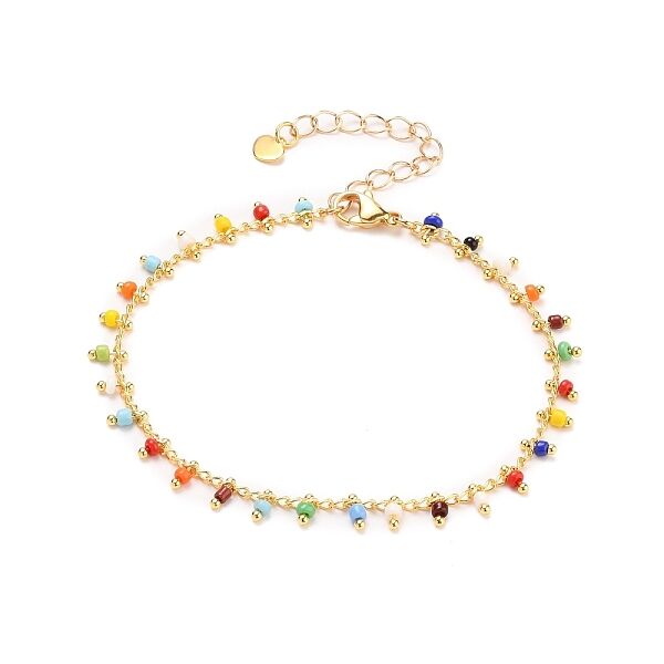 Glass Charm Bracelets, with Brass Curb Chains, 304 Stainless Steel Heart Charms & Lobster Claw Clasps, Real 18K Gold Plated, Colorful, 7-1/2 inch(19cm) - Beadpark.com