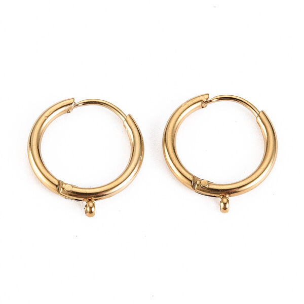 316 Surgical Stainless Steel Huggie Hoop Earring Findings, with Vertical Loop, Ring, Real 14K Gold Plated, 15x13.5x1.5mm, Hole: 1mm, Pin: 1mm - Beadpark.com