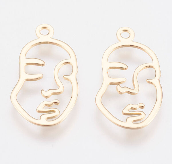 Brass Pendants, Face, Nickel Free, Real 18K Gold Plated, 20x11x1mm, Hole: 1.4mm - Beadpark.com