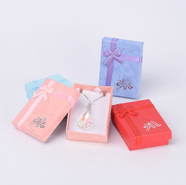 Valentines Day Presents Packages Cardboard Pendant Necklaces Boxes, with Bowknot, Rectangle, Mixed Color, 7x5x2cm - Beadpark.com