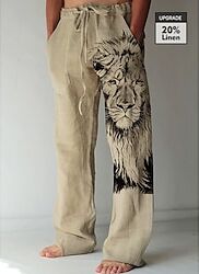 LightInTheBox Men's Linen Pants Trousers Summer Pants Beach Pants Drawstring Elastic Waist 3D Print Animal Lion Graphic Prints Comfort Casual Daily Holiday 20% Linen Streetwear Hawaiian Blue Green