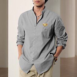 LightInTheBox 55% Linen Men's Linen Shirt Shirt Button Up Shirt Beach Shirt Blue Gray Long Sleeve King Standing Collar Spring   Fall Outdoor Daily Clothing Apparel