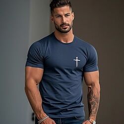 LightInTheBox Cross White Dark Blue Beige T shirt Tee Tee Top Men's Graphic 100% Cotton Shirt Fashion Classic Shirt Short Sleeve Comfortable Tee Street Vacation Summer Fashion Designer Clothing S M L XL 2XL