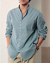 LightInTheBox 55% Linen Print Men's Linen Shirt Shirt Blue Gray Long Sleeve Graphic Prints Anchor Stand Collar Summer Spring Outdoor Street Clothing Apparel