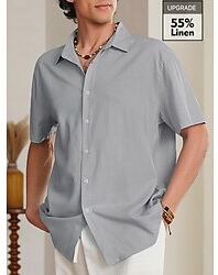 LightInTheBox Elite 55% Linen Button-Down Men's Linen Shirt Summer Shirt Beach Shirt Pink Blue Khaki Short Sleeve Solid Color Plain Turndown Summer Hawaiian Holiday Clothing Apparel