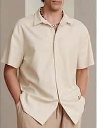 LightInTheBox 55% Linen Men's Linen Shirt Shirt Casual Shirt Summer Shirt Beach Shirt Button Down Shirt Khaki Short Sleeve Plain Lapel Summer Casual Daily Clothing Apparel