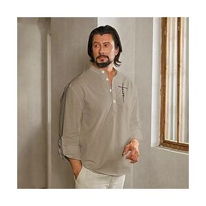 LightInTheBox 55% Linen Embroidery Men's Linen Shirt Shirt Khaki Long Sleeve Cross Stand Collar Summer Spring Outdoor Street Clothing Apparel