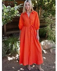 LightInTheBox Women's Shirt Dress Casual Dress Maxi long Dress Orange 3/4 Length Sleeve Plain plain color Lace up Button Pocket Fall Winter Spring and Summer Shirt Collar Fashion Classic Casual Vacation 2023 S M L