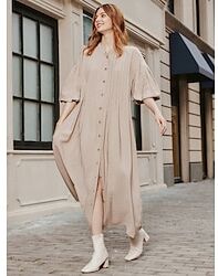 LightInTheBox Women's Shirt Dress Casual Dress Swing Dress Maxi long Dress khaki Half Sleeve Plain Ruched Button Fall Winter Crew Neck Fashion Classic Casual Vacation 2023 S M L