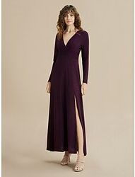 LightInTheBox Women's Prom Dress Party Dress Wedding Guest Dress Long Dress Maxi Dress Purple Long Sleeve Pure Color Split Spring Fall Winter V Neck Fashion Party Mature Winter Dress Christmas Wedding Guest 2023 S