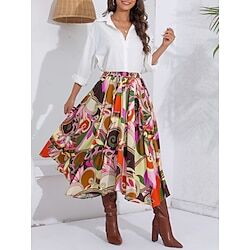 LightInTheBox Women's Skirt A Line Swing Midi Tencel Vicose Purple Skirts Spring  Summer Fall  Winter Spring and Summer Pocket Irregular Hem Print High Waist Fashion Casual beach vacation Street Daily Holiday S