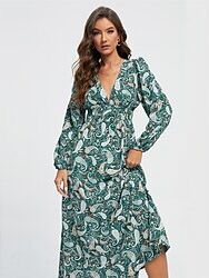 LightInTheBox Women's Casual Dress A Line Dress Boho Dress Midi Dress Green Long Sleeve Floral Paisley flowers and plants Print Paisley Spring Fall Winter V Neck Streetwear Boho Vacation S M L