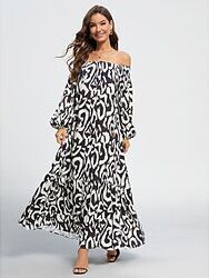 LightInTheBox Women's Casual Dress Summer Dress Print Dress Long Dress Maxi Dress Black Long Sleeve Color Block Abstract Graffiti Pattern Print Summer Spring Fall Off Shoulder Elegant One-Shoulder Vacation 2023 S