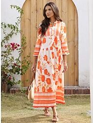 LightInTheBox Women's Holiday Dress Loose Satin Maxi Maxi Dress Orange 3/4-Length Sleeve flowers and plants Flower / Plants Printing Spring Spring and Summer Stand Collar V Neck Dresses Vacation Dress Vacation S M