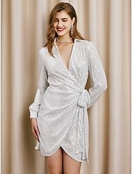 LightInTheBox Women's Sequin Dress Party Dress Cocktail Dress Mini Dress Silver Long Sleeve Plain Pure Color Lace up Sequins Glitter Spring Fall Winter Surplice Neck Shirt Collar Fashion Party Hot Wedding Guest