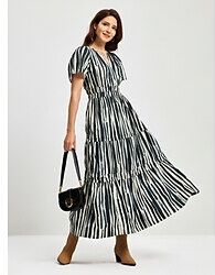 LightInTheBox Women's Casual Dress A Line Dress Long Dress Maxi Dress Black And White Short Sleeve Stripe Striped Pattern Print Shirred Summer Spring and Summer V Neck Maxi A Line beach vacation Vacation S M L