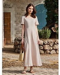 LightInTheBox 55% Linen Women's Linen Dress Casual Plain Casual Pocket Crew Breathable Light and Comfortable Neck Short Sleeve Maxi Dress Summer Spring