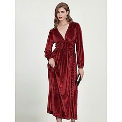LightInTheBox Women's Velvet Dress Party Dress Cocktail Dress Midi Dress Red Brown Long Sleeve Pure Color Ruched Spring Fall Winter V Neck Fashion Party Mature Winter Dress Christmas Wedding Guest 2023 S M L