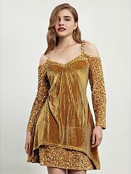 LightInTheBox Women's Velvet Dress Sequin Dress Party Dress Mini Dress Gold Long Sleeve Pure Color Sequins Glitter Sparkly Spring Fall Winter V Neck Fashion Party Hot Winter Dress Christmas Wedding Guest 2023 S M L