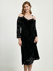 LightInTheBox Women's Black Dress Velvet Dress Party Dress Midi Dress Black Long Sleeve Pure Color Cold Shoulder Sparkle Spring Fall Winter V Neck Fashion Party Modern Winter Dress Christmas Wedding Guest 2023 S M